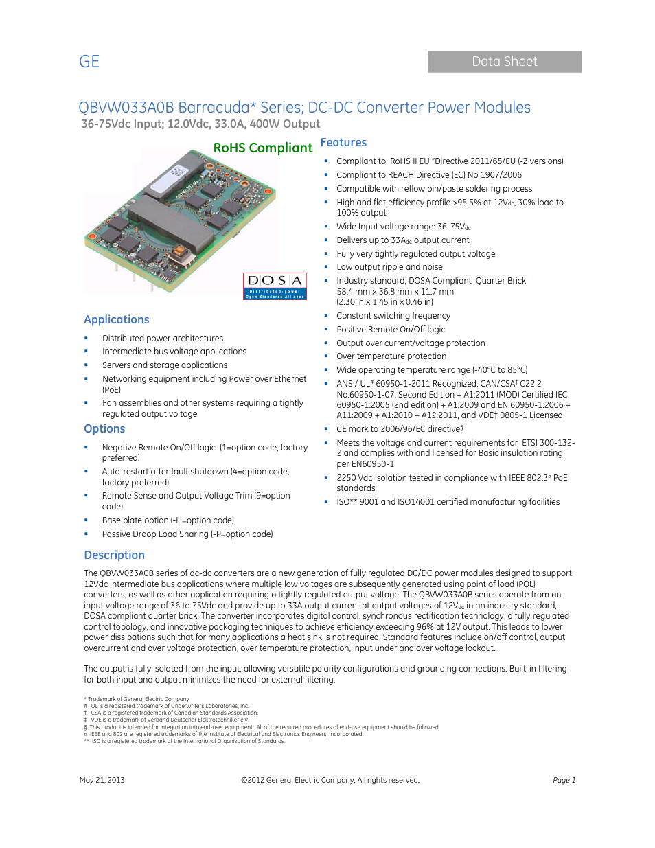 GE Industrial Solutions QBVW033A0B Barracuda Series User Manual | 19 pages