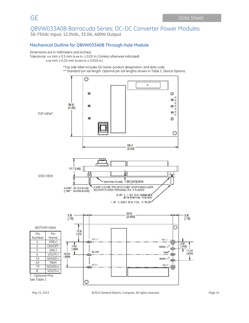 Data sheet | GE Industrial Solutions QBVW033A0B Barracuda Series User Manual | Page 14 / 19