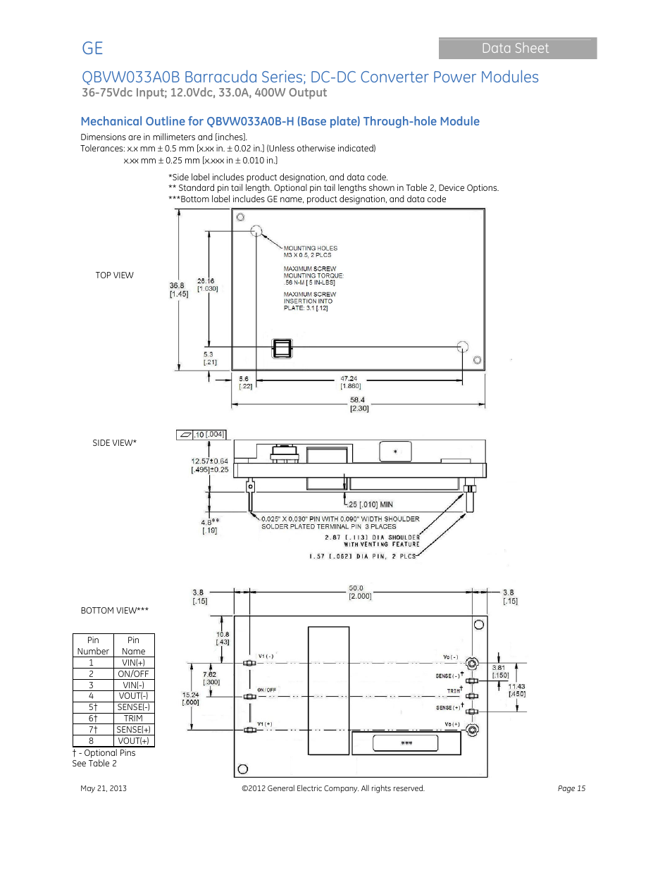 Data sheet | GE Industrial Solutions QBVW033A0B Barracuda Series User Manual | Page 15 / 19