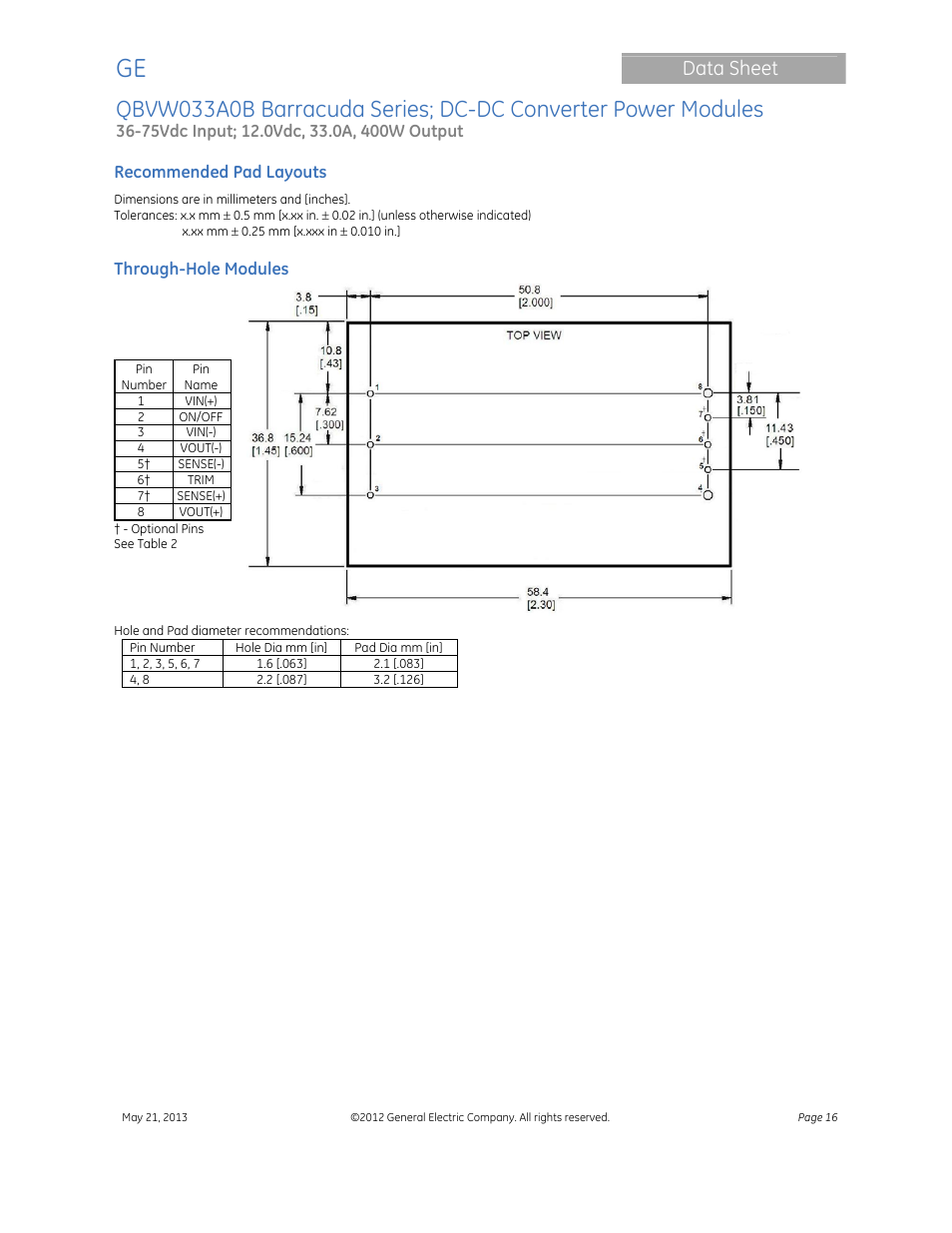 Data sheet | GE Industrial Solutions QBVW033A0B Barracuda Series User Manual | Page 16 / 19