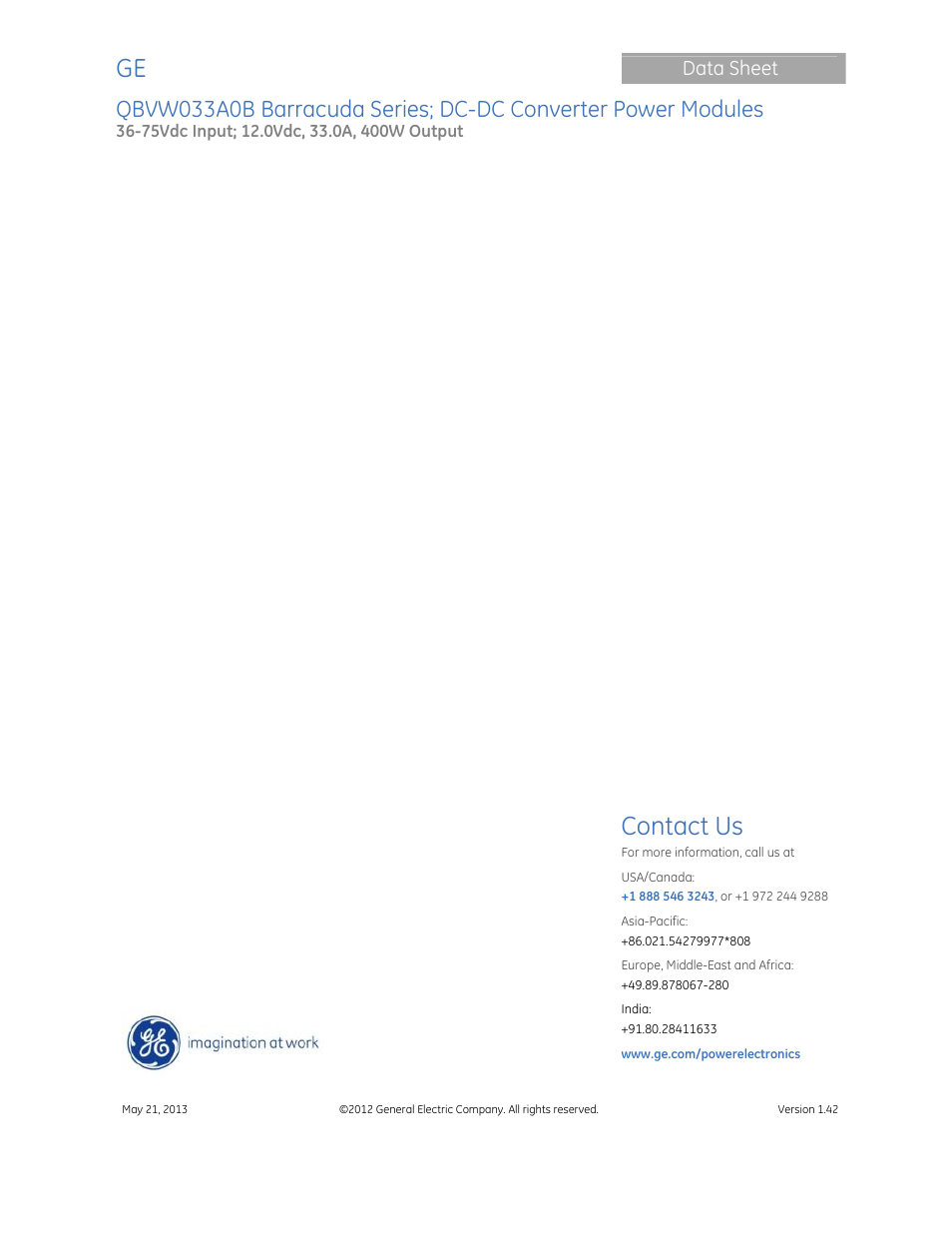 Contact us, Data sheet | GE Industrial Solutions QBVW033A0B Barracuda Series User Manual | Page 19 / 19