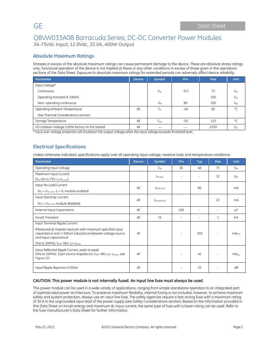 Data sheet, Absolute maximum ratings, Electrical specifications | GE Industrial Solutions QBVW033A0B Barracuda Series User Manual | Page 2 / 19