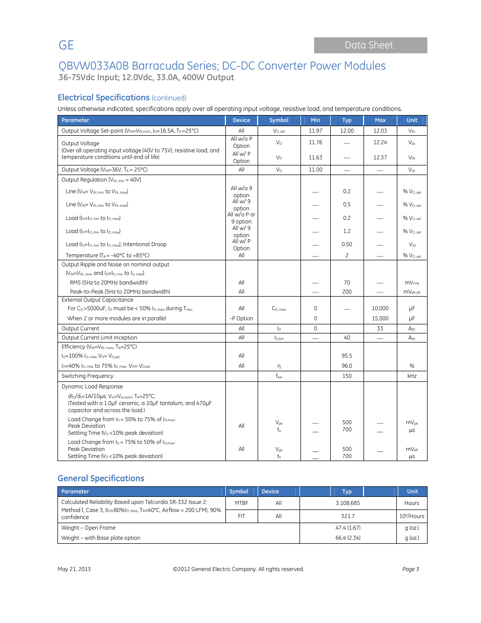 Data sheet, Electrical specifications, General specifications | Continued) | GE Industrial Solutions QBVW033A0B Barracuda Series User Manual | Page 3 / 19