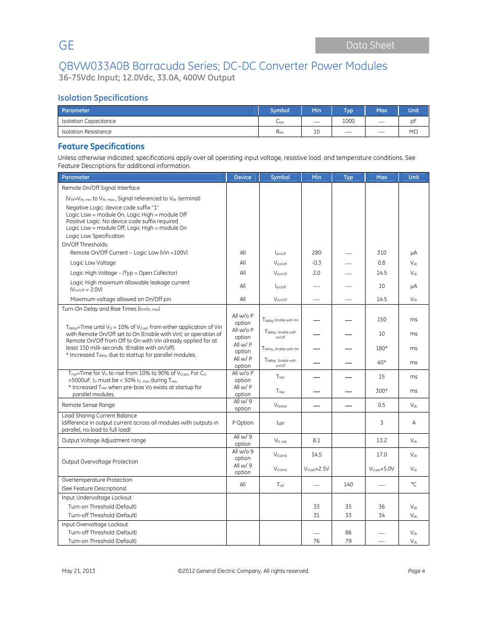 Data sheet, Isolation specifications, Feature specifications | GE Industrial Solutions QBVW033A0B Barracuda Series User Manual | Page 4 / 19