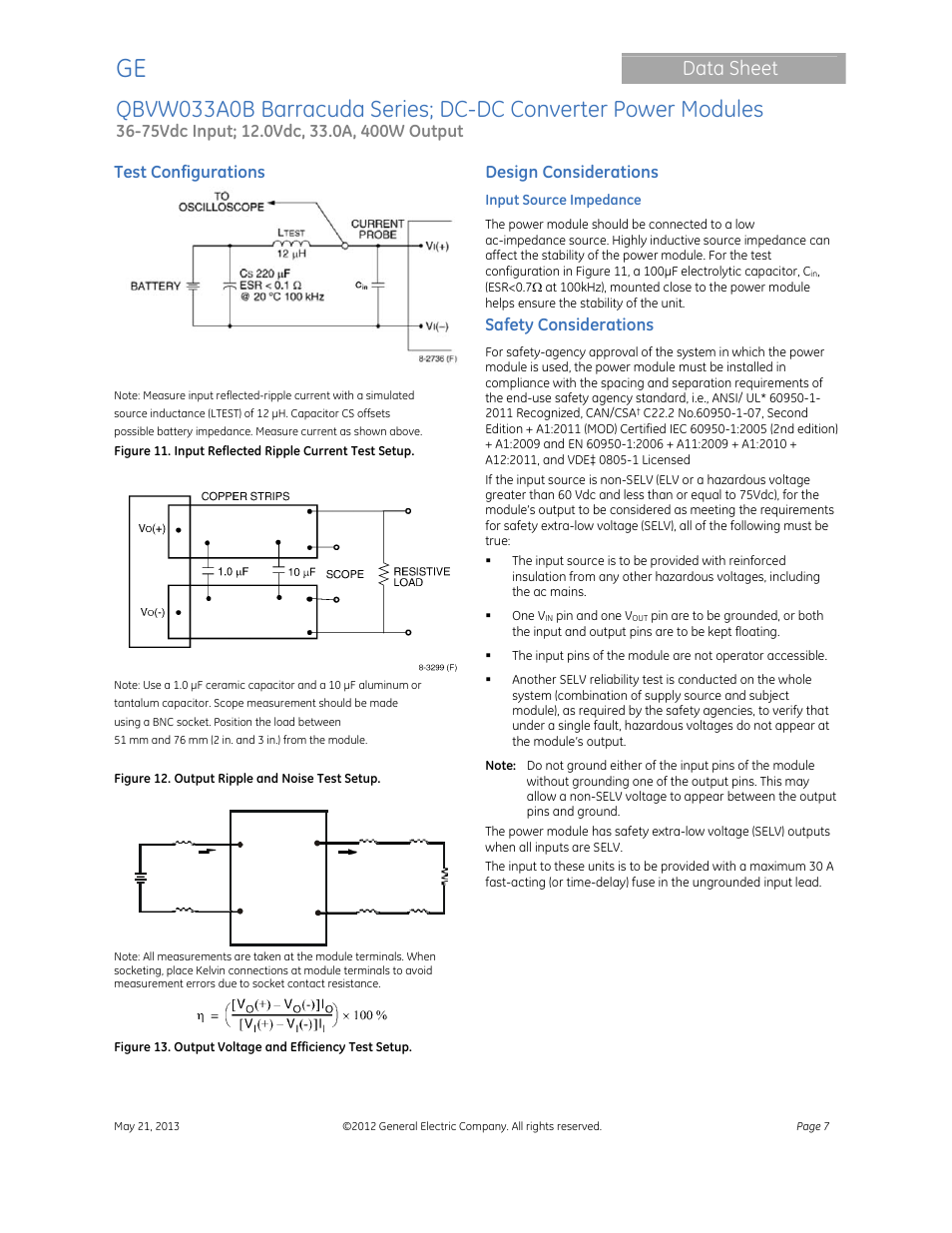 Data sheet, Test configurations, Design considerations | Safety considerations | GE Industrial Solutions QBVW033A0B Barracuda Series User Manual | Page 7 / 19