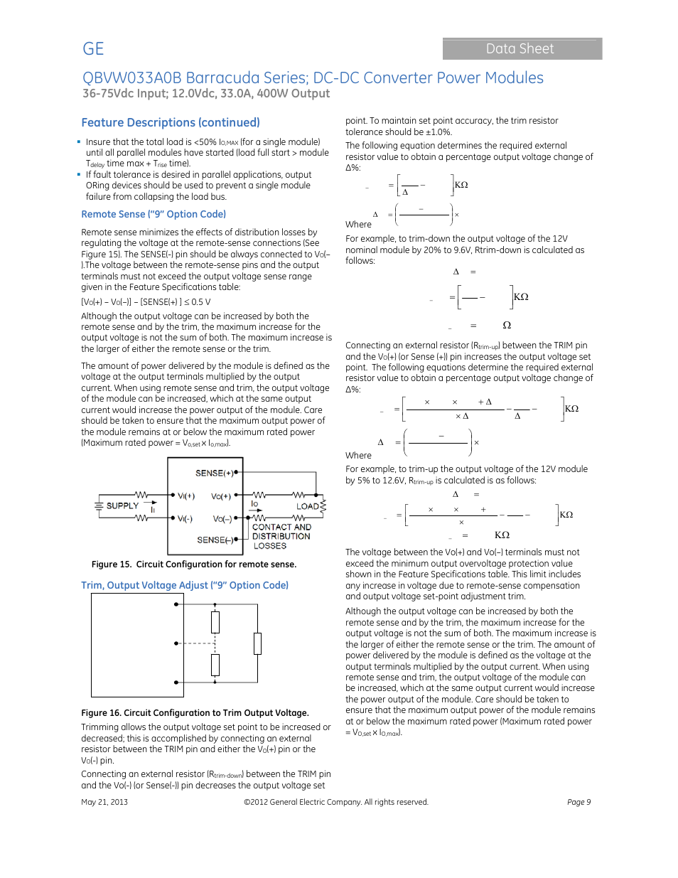 Data sheet, Feature descriptions (continued) | GE Industrial Solutions QBVW033A0B Barracuda Series User Manual | Page 9 / 19
