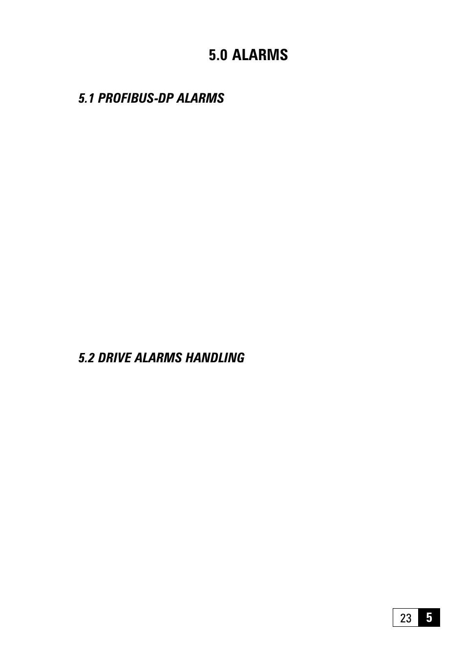 0 alarms, 1 profibus-dp alarms, 2 drive alarms handling | 1 profibus-dp alarms 5.2 drive alarms handling | GE Industrial Solutions 6KCV301PDP33 Profibus - DP Bus for AV300i User Manual | Page 23 / 32