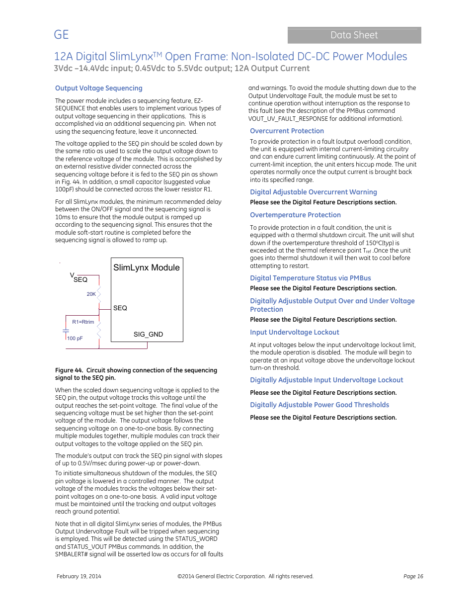 12a digital slimlynx, Open frame: non-isolated dc-dc power modules, Data sheet | Slimlynx module | GE Industrial Solutions 12A Digital SlimLynx Open Frame User Manual | Page 16 / 40