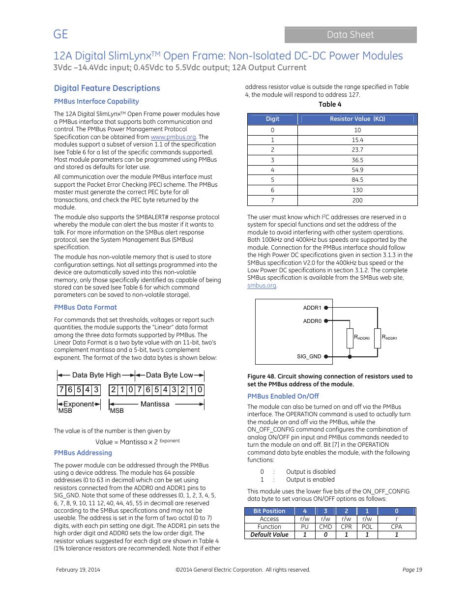 12a digital slimlynx, Open frame: non-isolated dc-dc power modules, Data sheet | Digital feature descriptions | GE Industrial Solutions 12A Digital SlimLynx Open Frame User Manual | Page 19 / 40