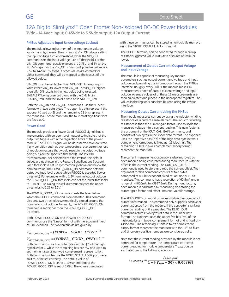 12a digital slimlynx, Open frame: non-isolated dc-dc power modules, Data sheet | GE Industrial Solutions 12A Digital SlimLynx Open Frame User Manual | Page 22 / 40