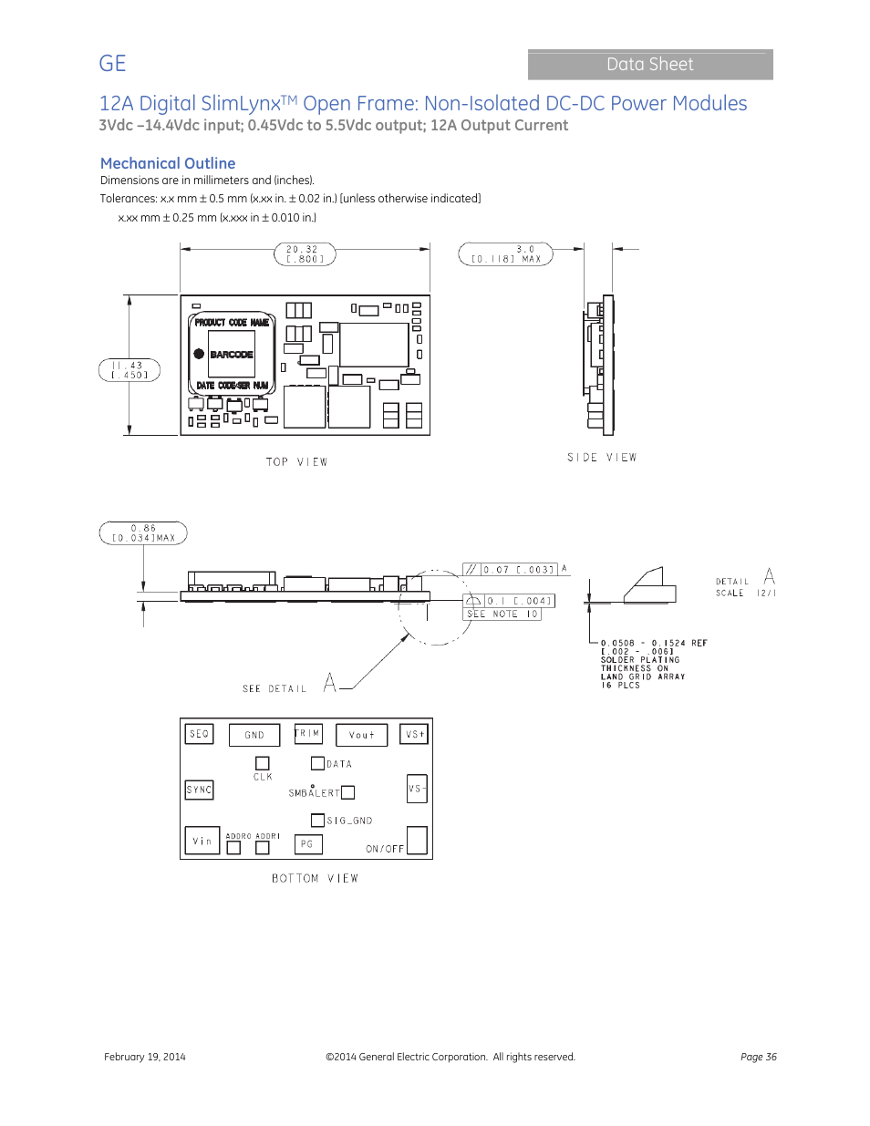 12a digital slimlynx, Open frame: non-isolated dc-dc power modules, Data sheet | GE Industrial Solutions 12A Digital SlimLynx Open Frame User Manual | Page 36 / 40