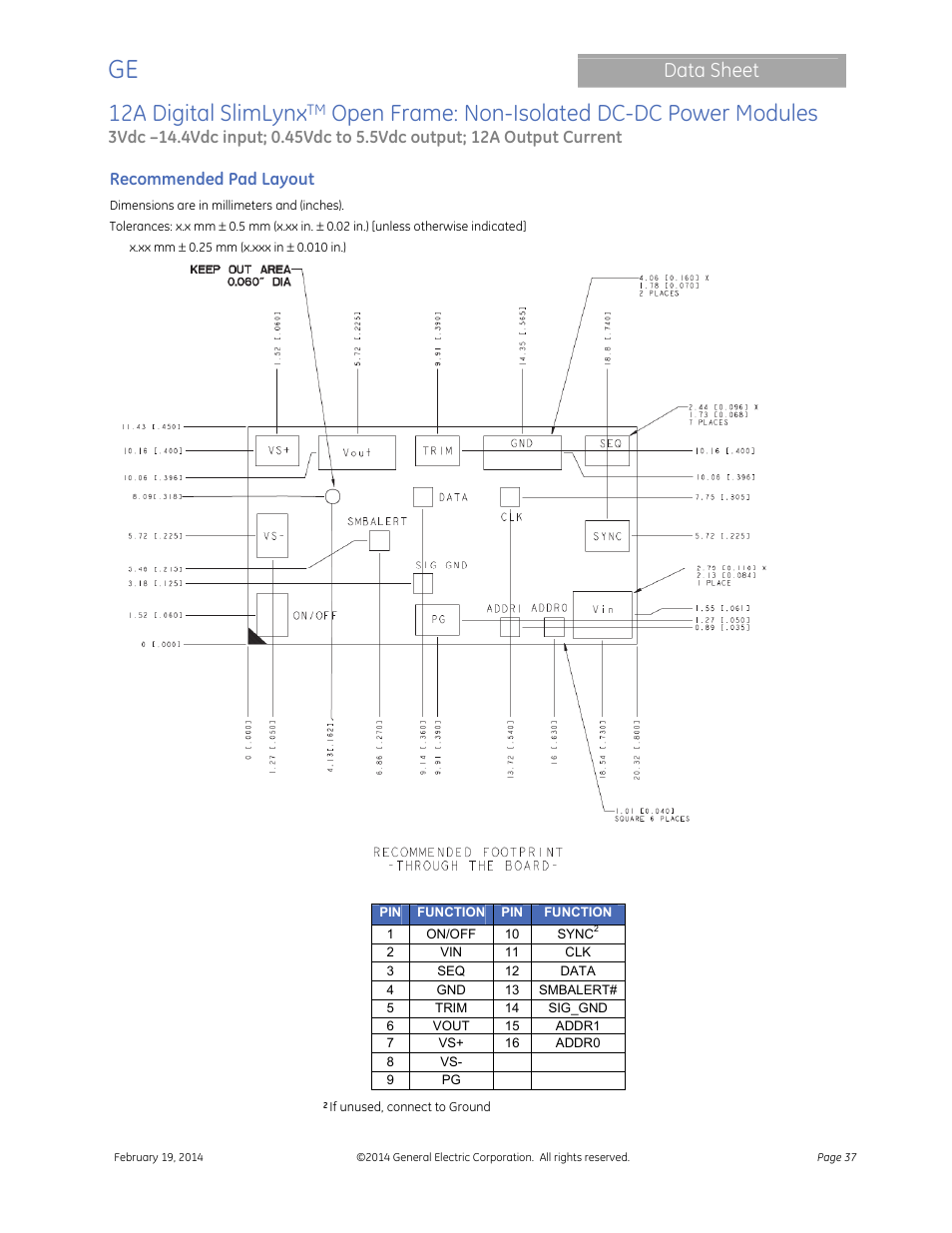 12a digital slimlynx, Open frame: non-isolated dc-dc power modules, Data sheet | GE Industrial Solutions 12A Digital SlimLynx Open Frame User Manual | Page 37 / 40