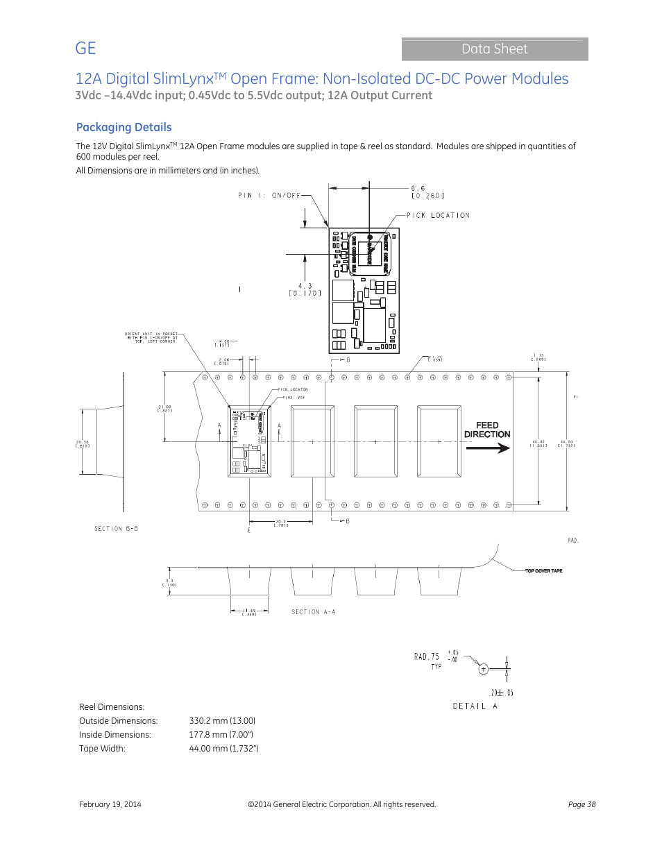 12a digital slimlynx, Open frame: non-isolated dc-dc power modules, Data sheet | GE Industrial Solutions 12A Digital SlimLynx Open Frame User Manual | Page 38 / 40