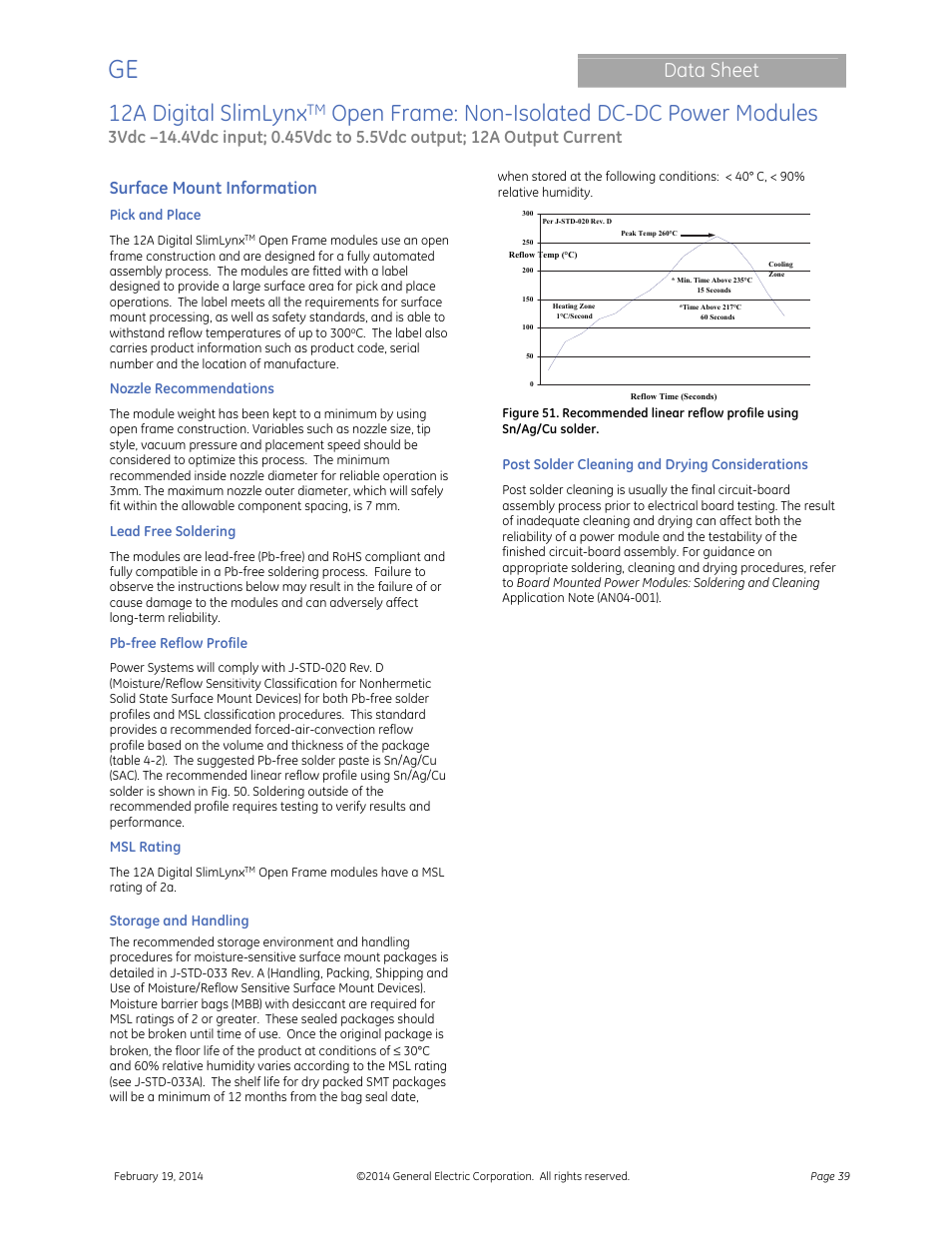 12a digital slimlynx, Open frame: non-isolated dc-dc power modules, Data sheet | Surface mount information | GE Industrial Solutions 12A Digital SlimLynx Open Frame User Manual | Page 39 / 40