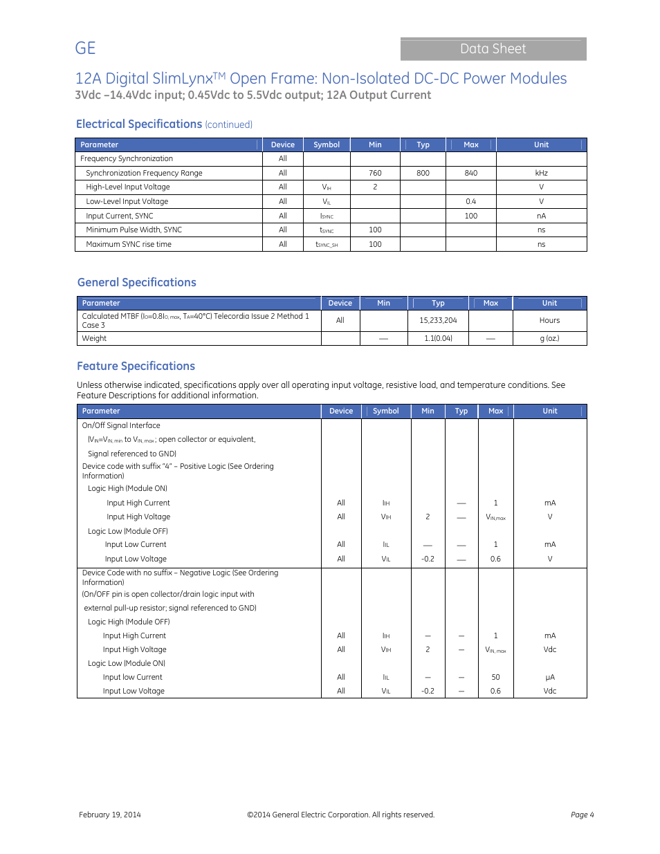 12a digital slimlynx, Open frame: non-isolated dc-dc power modules, Data sheet | Electrical specifications, General specifications, Feature specifications | GE Industrial Solutions 12A Digital SlimLynx Open Frame User Manual | Page 4 / 40