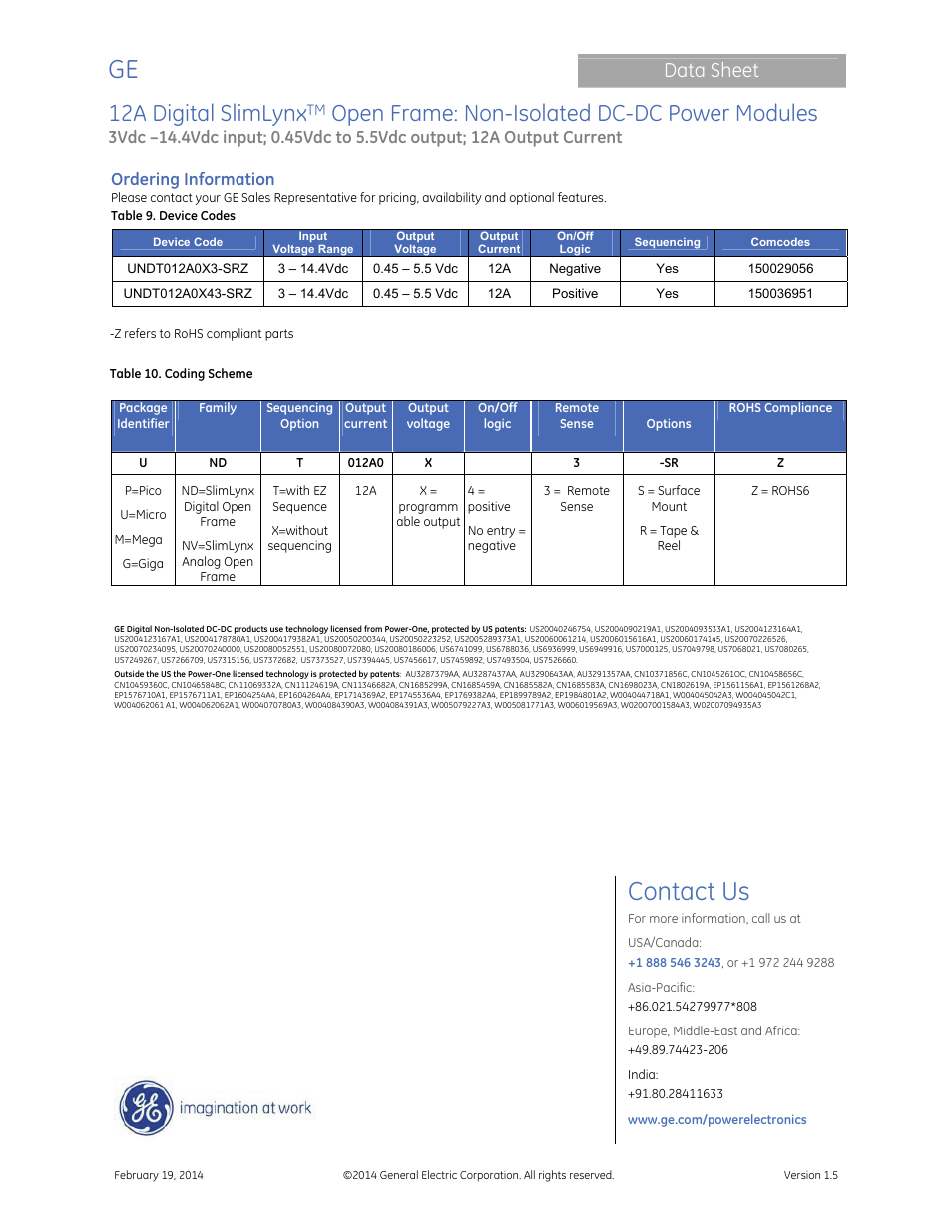 Contact us, 12a digital slimlynx, Open frame: non-isolated dc-dc power modules | Data sheet, Ordering information | GE Industrial Solutions 12A Digital SlimLynx Open Frame User Manual | Page 40 / 40