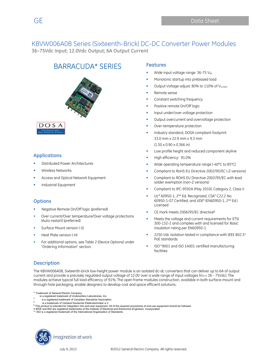 GE Industrial Solutions KBVW006A0B Series User Manual | 20 pages
