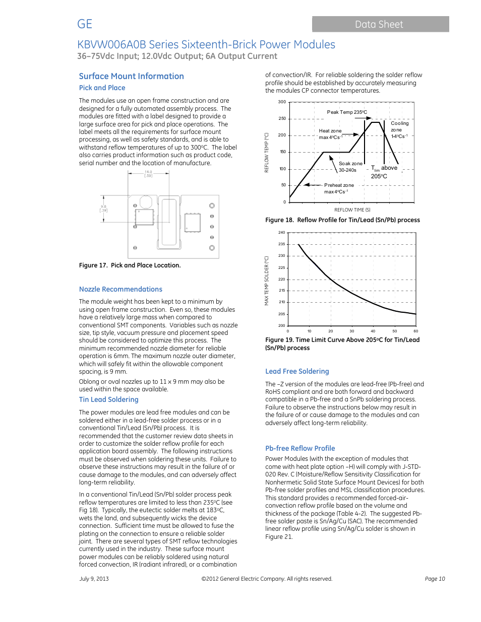 Kbvw006a0b series sixteenth-brick power modules, Data sheet, Surface mount information | GE Industrial Solutions KBVW006A0B Series User Manual | Page 10 / 20