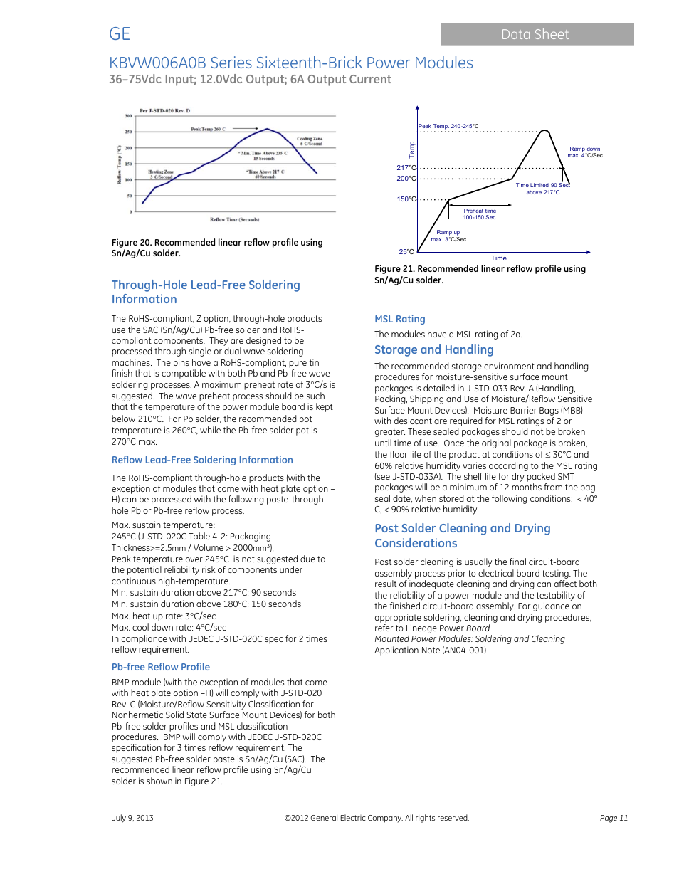 Kbvw006a0b series sixteenth-brick power modules, Data sheet, Through-hole lead-free soldering information | Storage and handling, Post solder cleaning and drying considerations | GE Industrial Solutions KBVW006A0B Series User Manual | Page 11 / 20