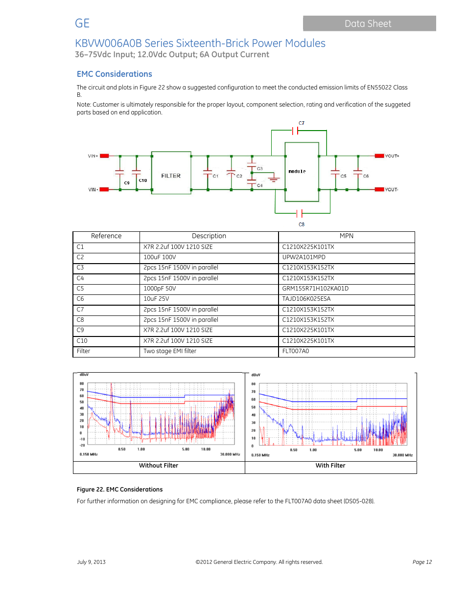 Kbvw006a0b series sixteenth-brick power modules, Data sheet | GE Industrial Solutions KBVW006A0B Series User Manual | Page 12 / 20