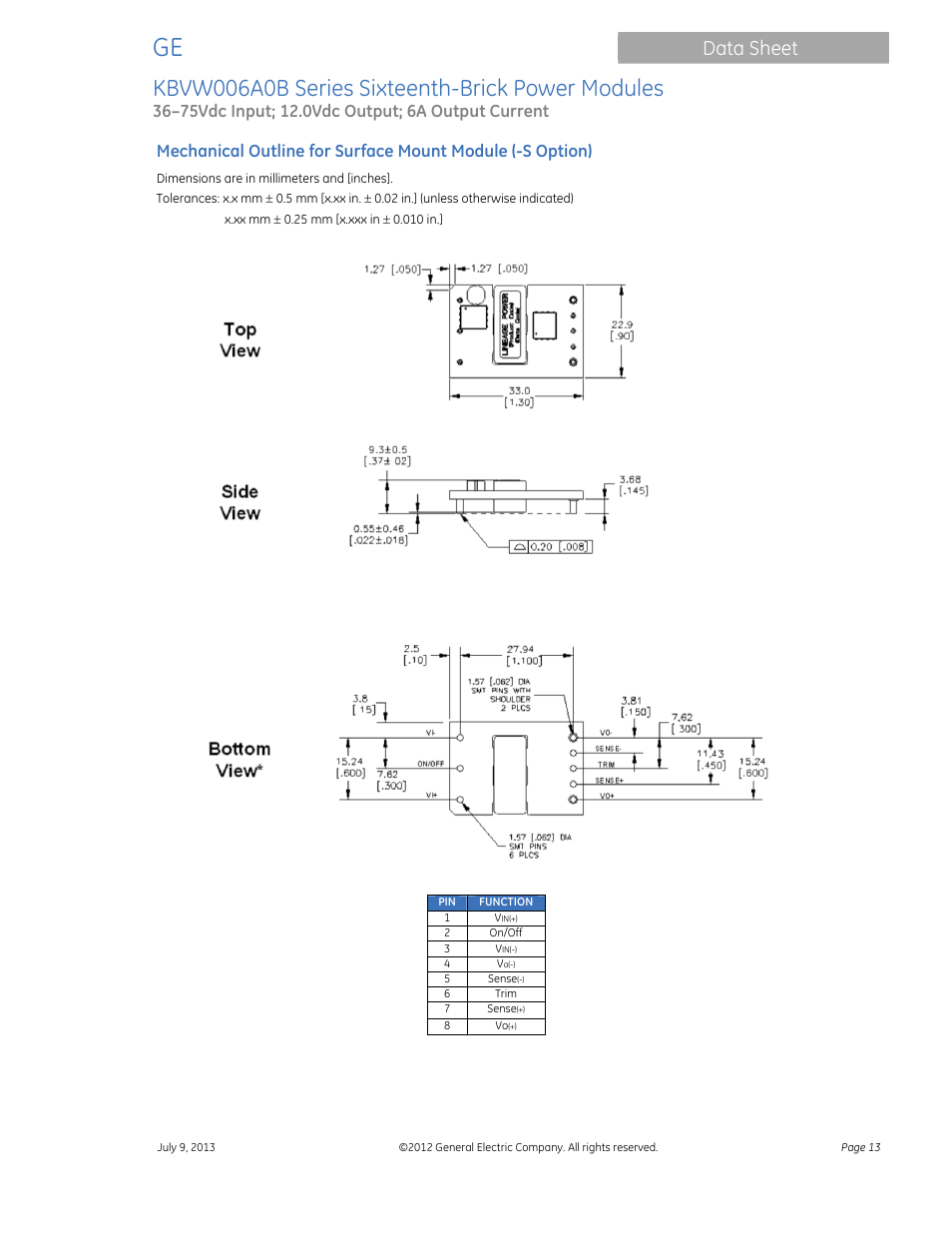 Kbvw006a0b series sixteenth-brick power modules, Data sheet | GE Industrial Solutions KBVW006A0B Series User Manual | Page 13 / 20