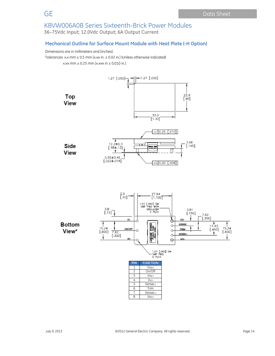 Kbvw006a0b series sixteenth-brick power modules, Data sheet | GE Industrial Solutions KBVW006A0B Series User Manual | Page 14 / 20