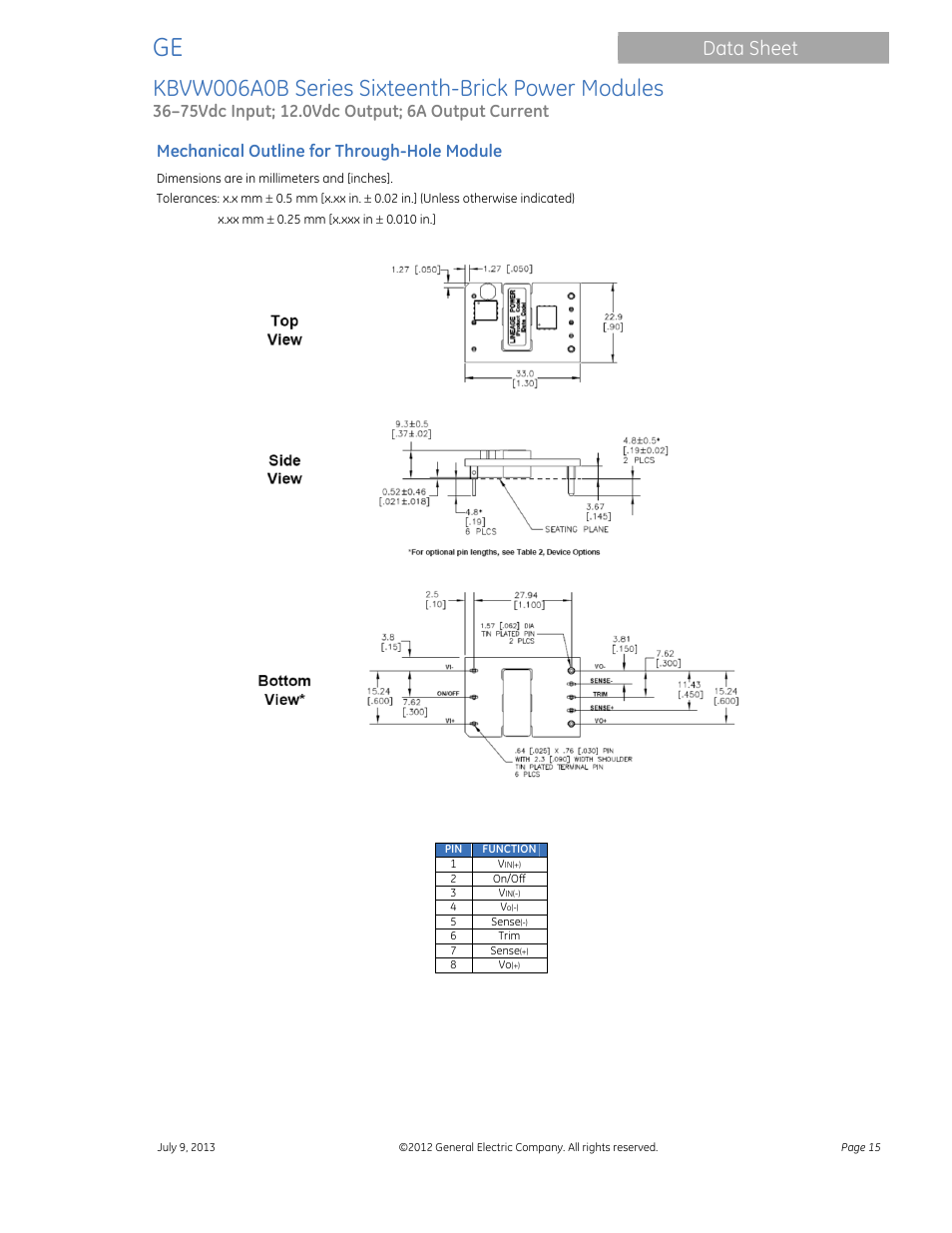 Kbvw006a0b series sixteenth-brick power modules, Data sheet | GE Industrial Solutions KBVW006A0B Series User Manual | Page 15 / 20