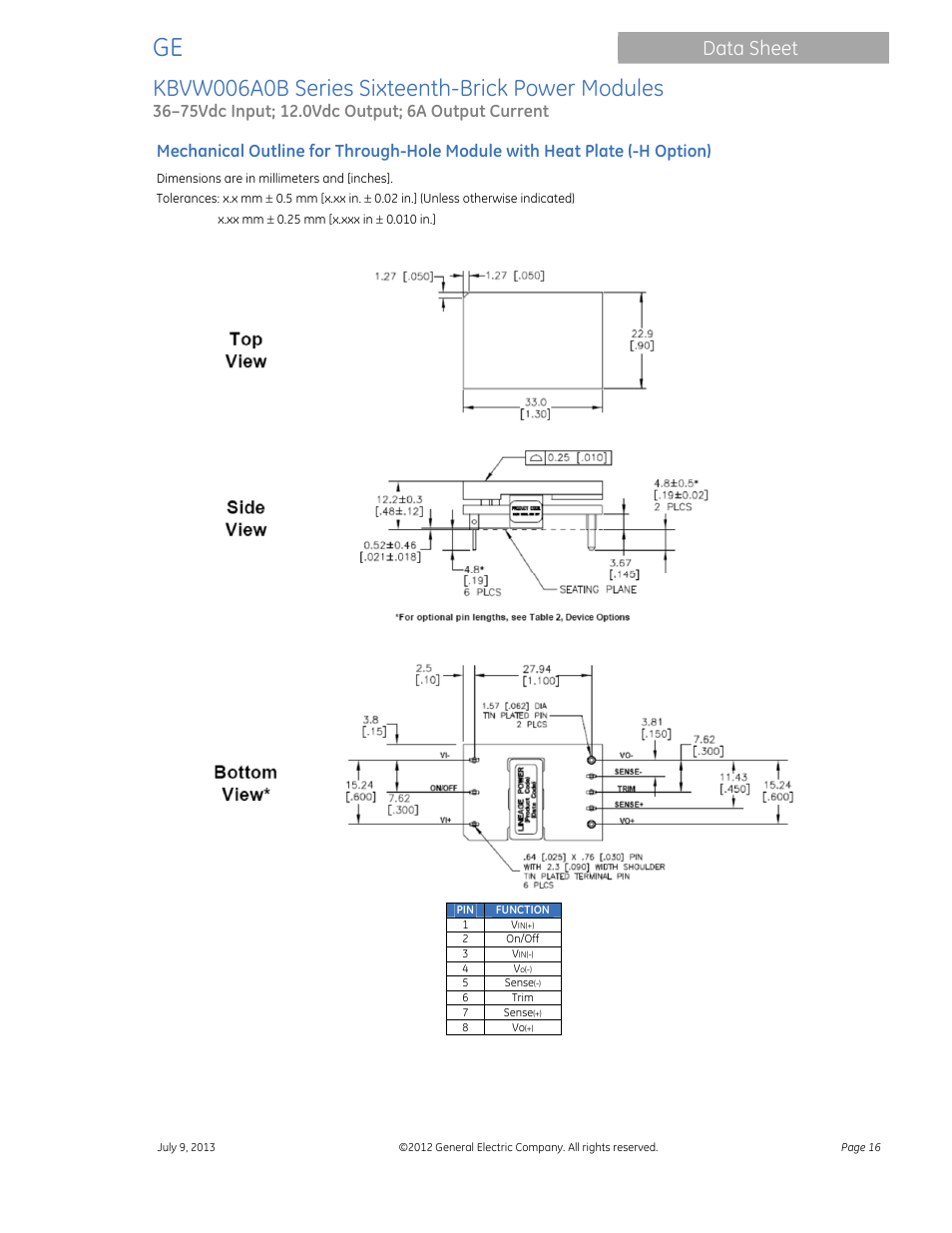 Kbvw006a0b series sixteenth-brick power modules, Data sheet | GE Industrial Solutions KBVW006A0B Series User Manual | Page 16 / 20