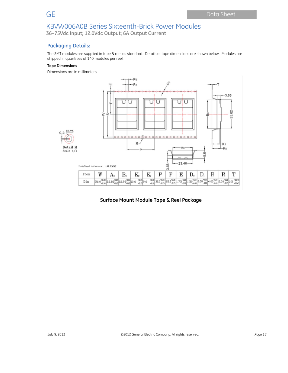 Kbvw006a0b series sixteenth-brick power modules, Data sheet | GE Industrial Solutions KBVW006A0B Series User Manual | Page 18 / 20