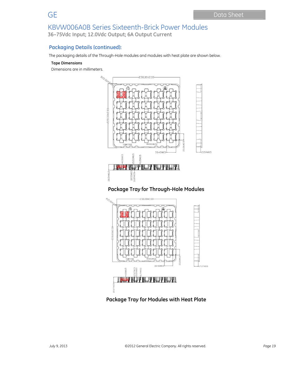 Kbvw006a0b series sixteenth-brick power modules, Data sheet | GE Industrial Solutions KBVW006A0B Series User Manual | Page 19 / 20