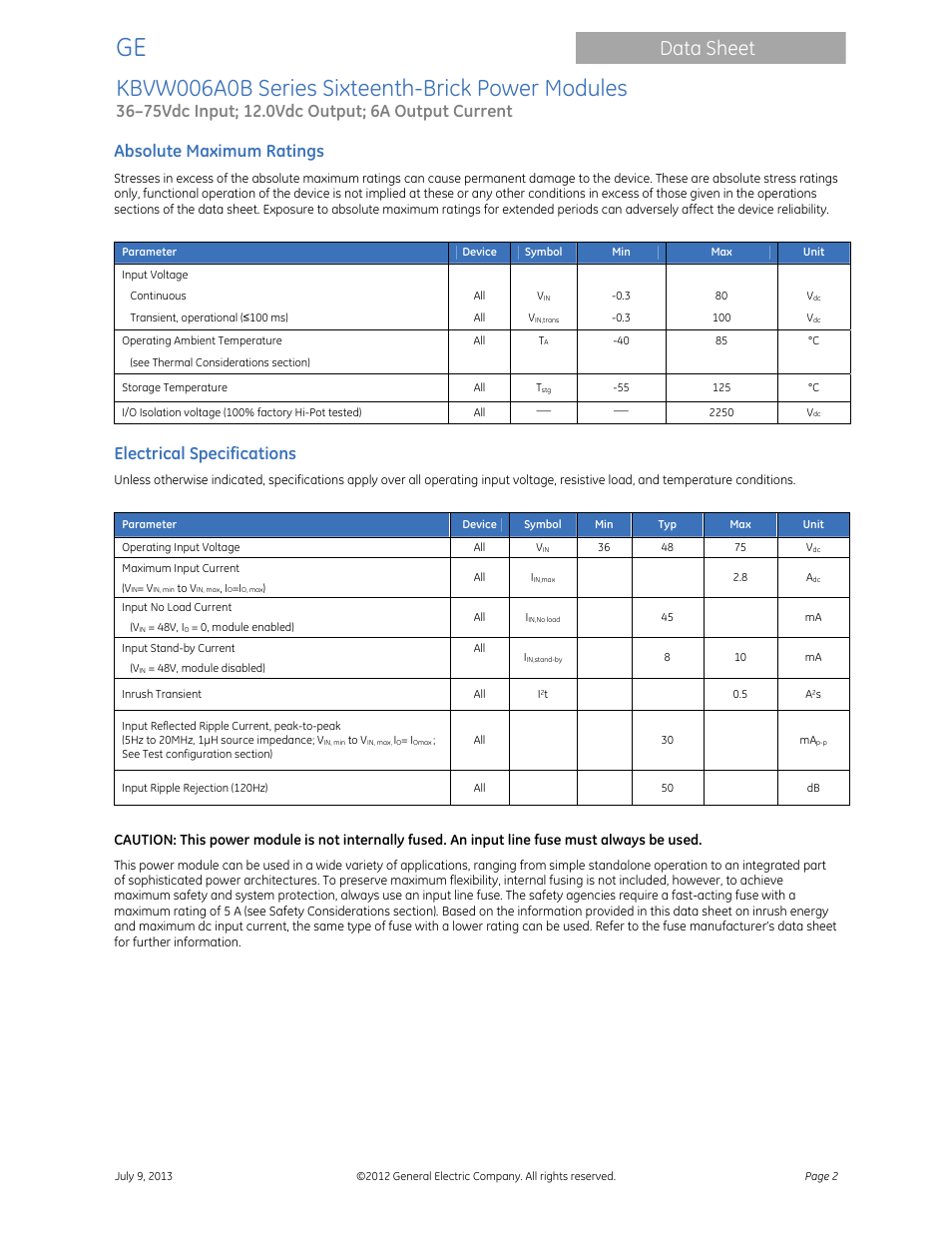 Kbvw006a0b series sixteenth-brick power modules, Data sheet, Absolute maximum ratings | Electrical specifications | GE Industrial Solutions KBVW006A0B Series User Manual | Page 2 / 20