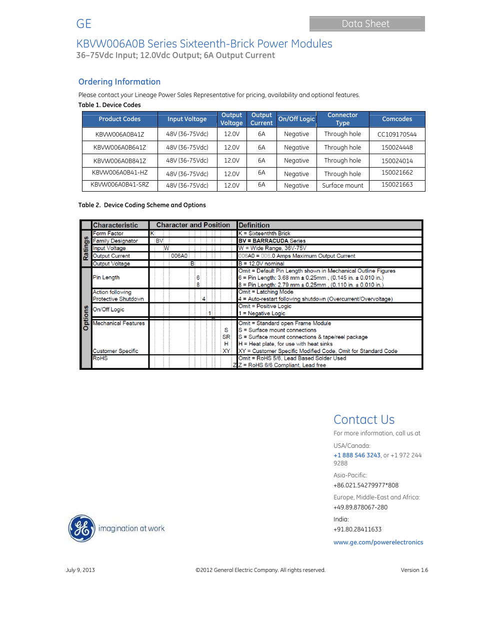 Contact us, Kbvw006a0b series sixteenth-brick power modules, Data sheet | GE Industrial Solutions KBVW006A0B Series User Manual | Page 20 / 20