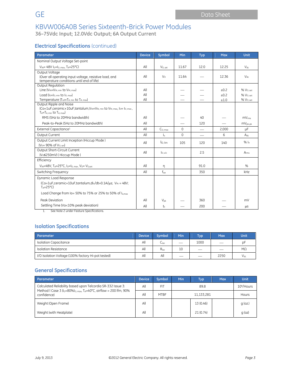 Kbvw006a0b series sixteenth-brick power modules, Data sheet, Electrical specifications (continued) | Isolation specifications, General specifications | GE Industrial Solutions KBVW006A0B Series User Manual | Page 3 / 20