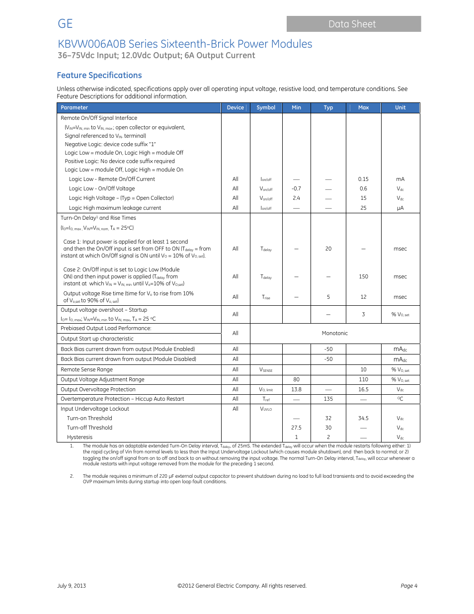 Kbvw006a0b series sixteenth-brick power modules, Data sheet, Feature specifications | GE Industrial Solutions KBVW006A0B Series User Manual | Page 4 / 20