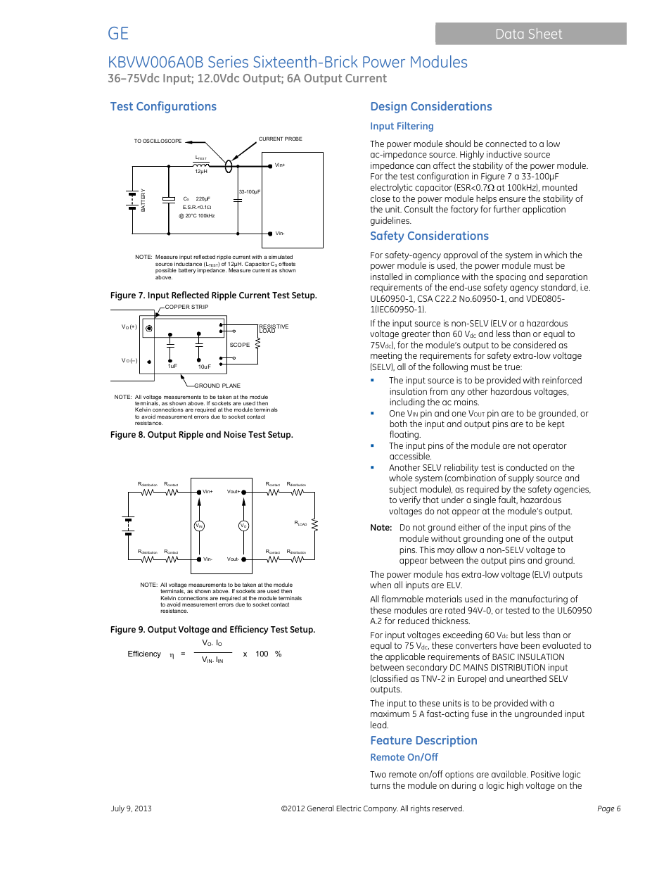 Kbvw006a0b series sixteenth-brick power modules, Data sheet, Test configurations | Design considerations, Safety considerations, Feature description, Input filtering, Remote on/off | GE Industrial Solutions KBVW006A0B Series User Manual | Page 6 / 20