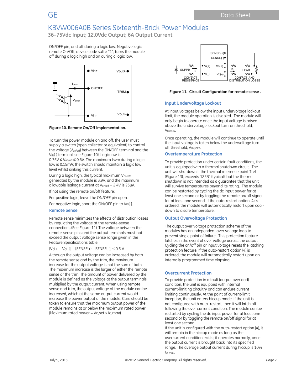 Kbvw006a0b series sixteenth-brick power modules, Data sheet | GE Industrial Solutions KBVW006A0B Series User Manual | Page 7 / 20