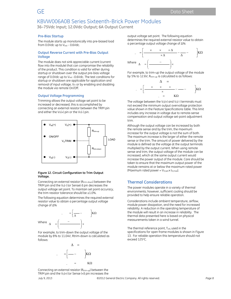 Kbvw006a0b series sixteenth-brick power modules, Data sheet, Thermal considerations | GE Industrial Solutions KBVW006A0B Series User Manual | Page 8 / 20
