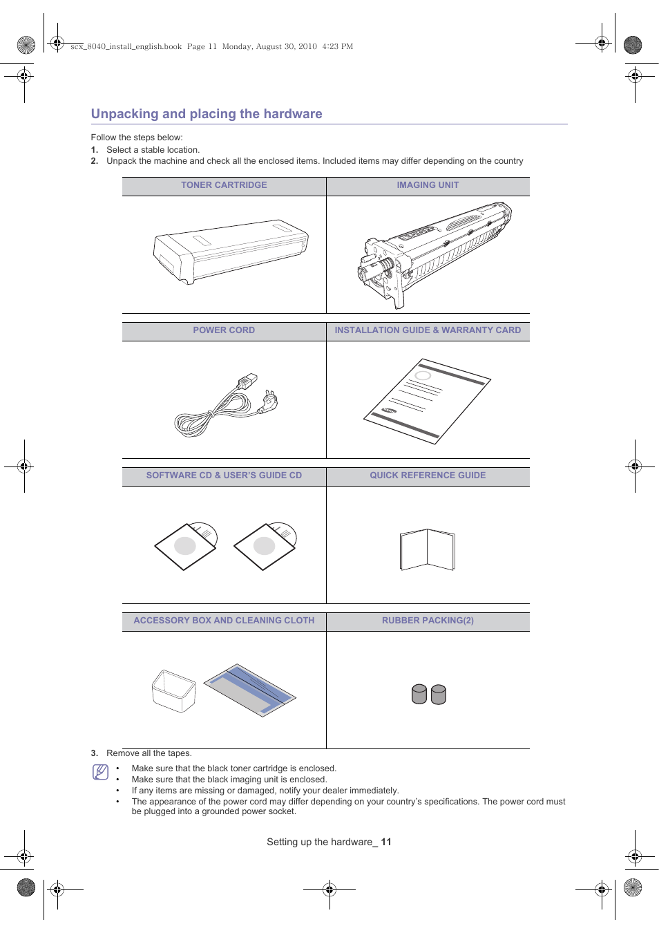 Unpacking and placing the hardware | Samsung SCX-8030ND User Manual | Page 11 / 66