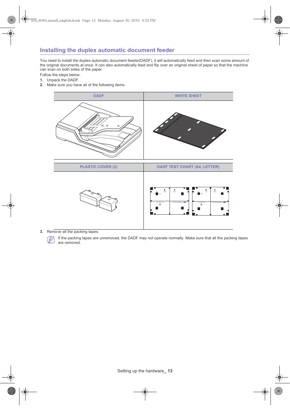 Installing the duplex automatic document feeder | Samsung SCX-8030ND User Manual | Page 13 / 66