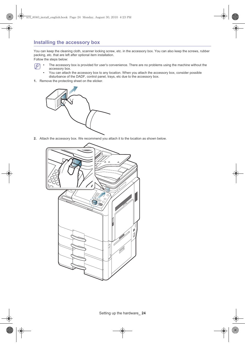 Installing the accessory box | Samsung SCX-8030ND User Manual | Page 24 / 66