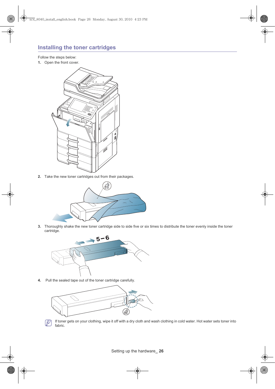 Installing the toner cartridges | Samsung SCX-8030ND User Manual | Page 26 / 66