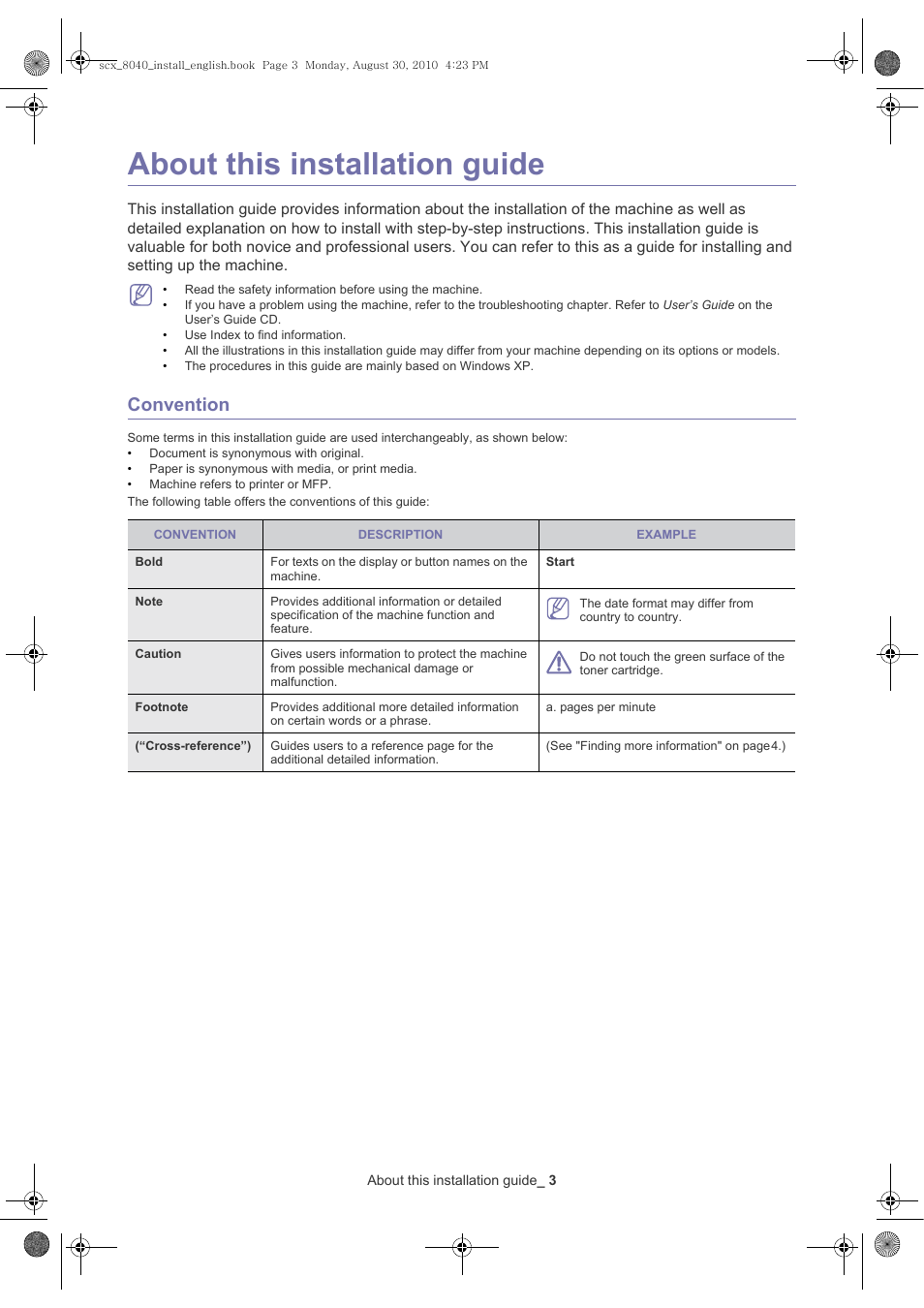 About this installation guide, Convention | Samsung SCX-8030ND User Manual | Page 3 / 66