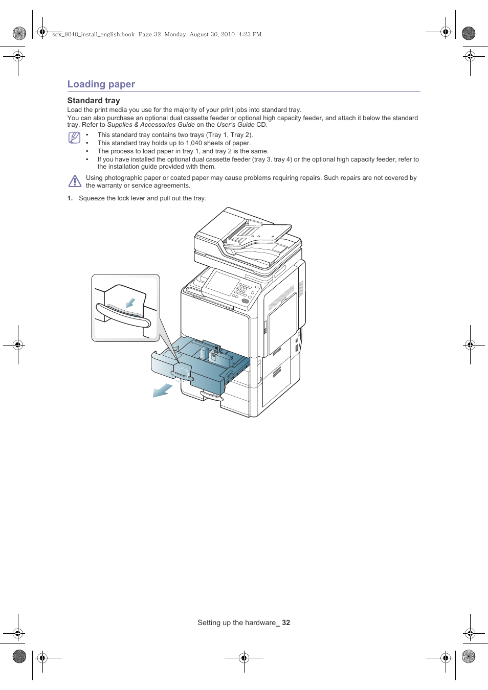 Loading paper, Standard tray | Samsung SCX-8030ND User Manual | Page 32 / 66