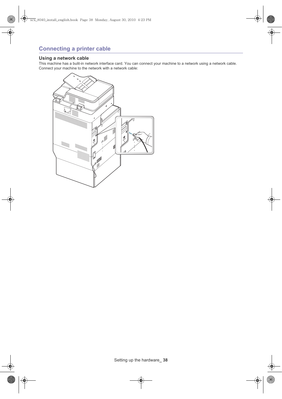 Connecting a printer cable, Using a network cable | Samsung SCX-8030ND User Manual | Page 38 / 66