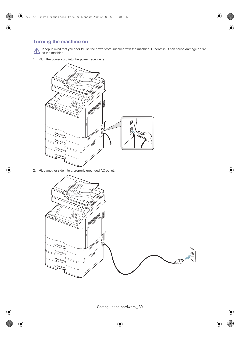 Turning the machine on | Samsung SCX-8030ND User Manual | Page 39 / 66