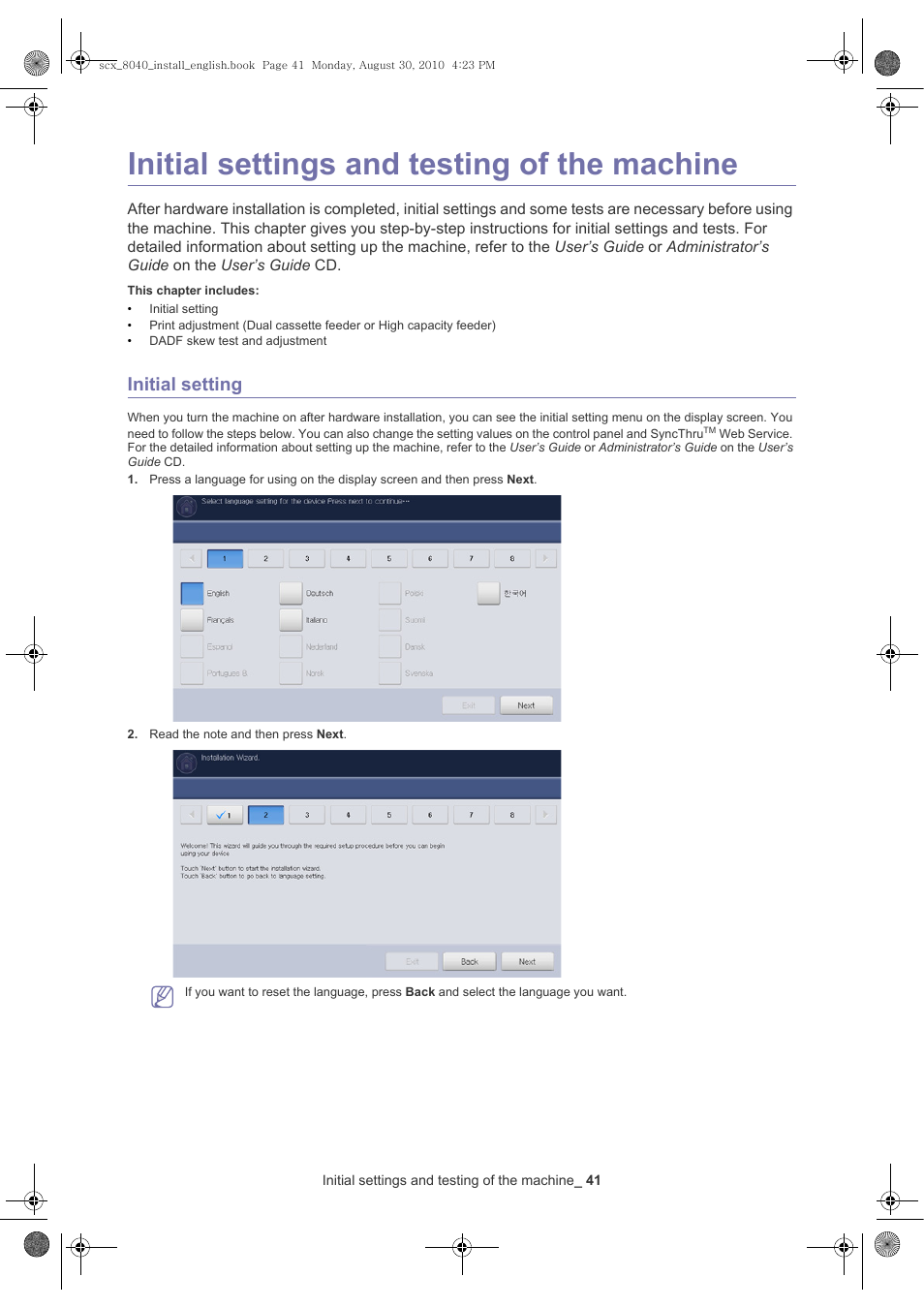 Initial settings and testing of the machine, Initial setting | Samsung SCX-8030ND User Manual | Page 41 / 66