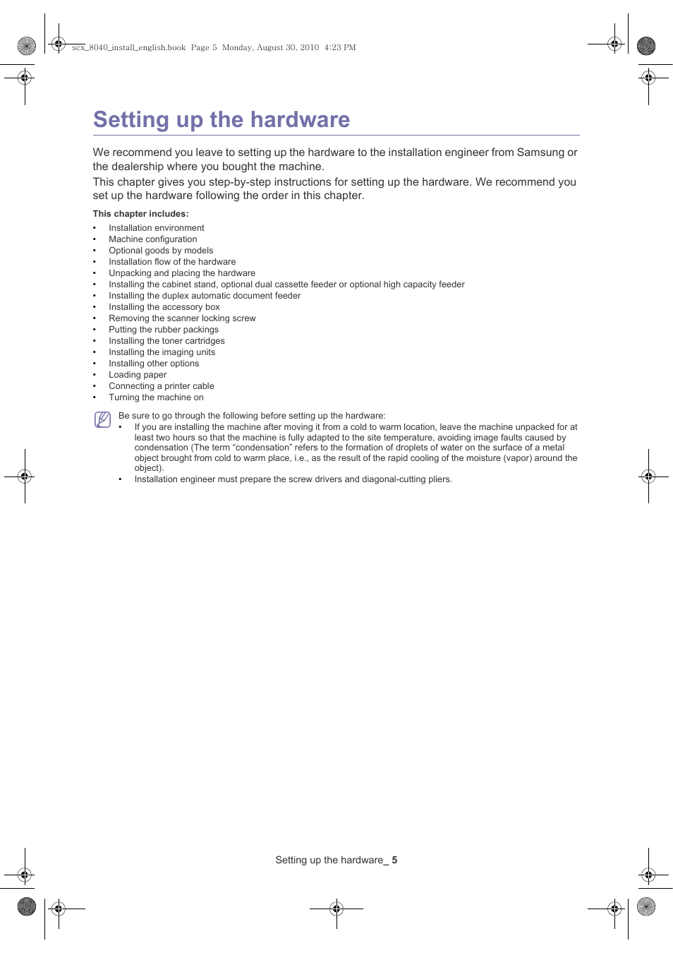 Setting up the hardware | Samsung SCX-8030ND User Manual | Page 5 / 66