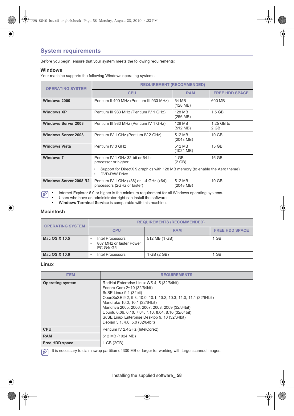 System requirements, Windows, Macintosh | Linux | Samsung SCX-8030ND User Manual | Page 58 / 66