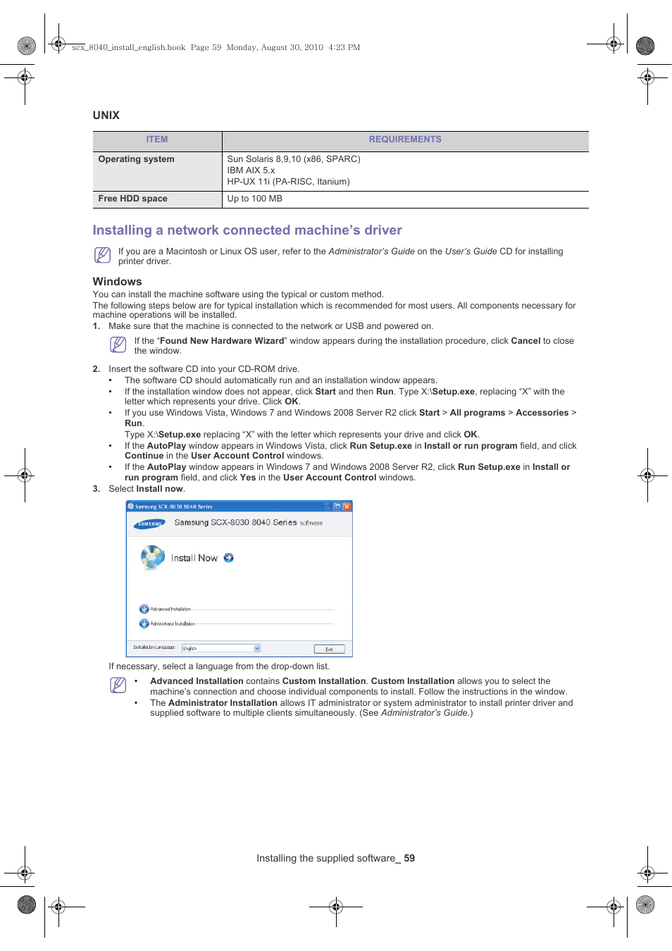 Unix, Installing a network connected machine’s driver, Windows | Samsung SCX-8030ND User Manual | Page 59 / 66