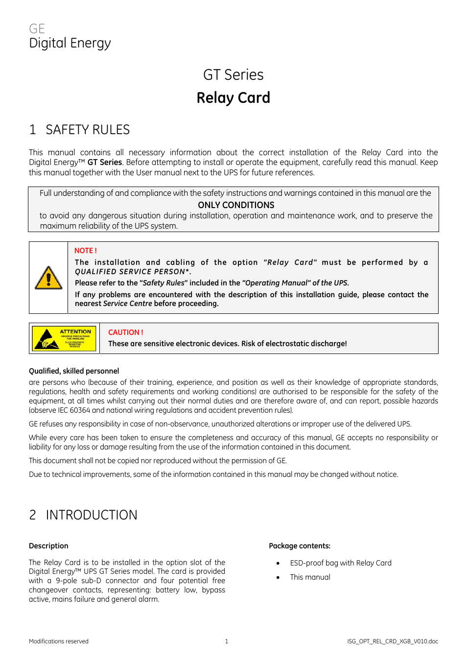 GE Industrial Solutions Relay Card for GE's GT Series UPS (6&10kVA) User Manual | 4 pages